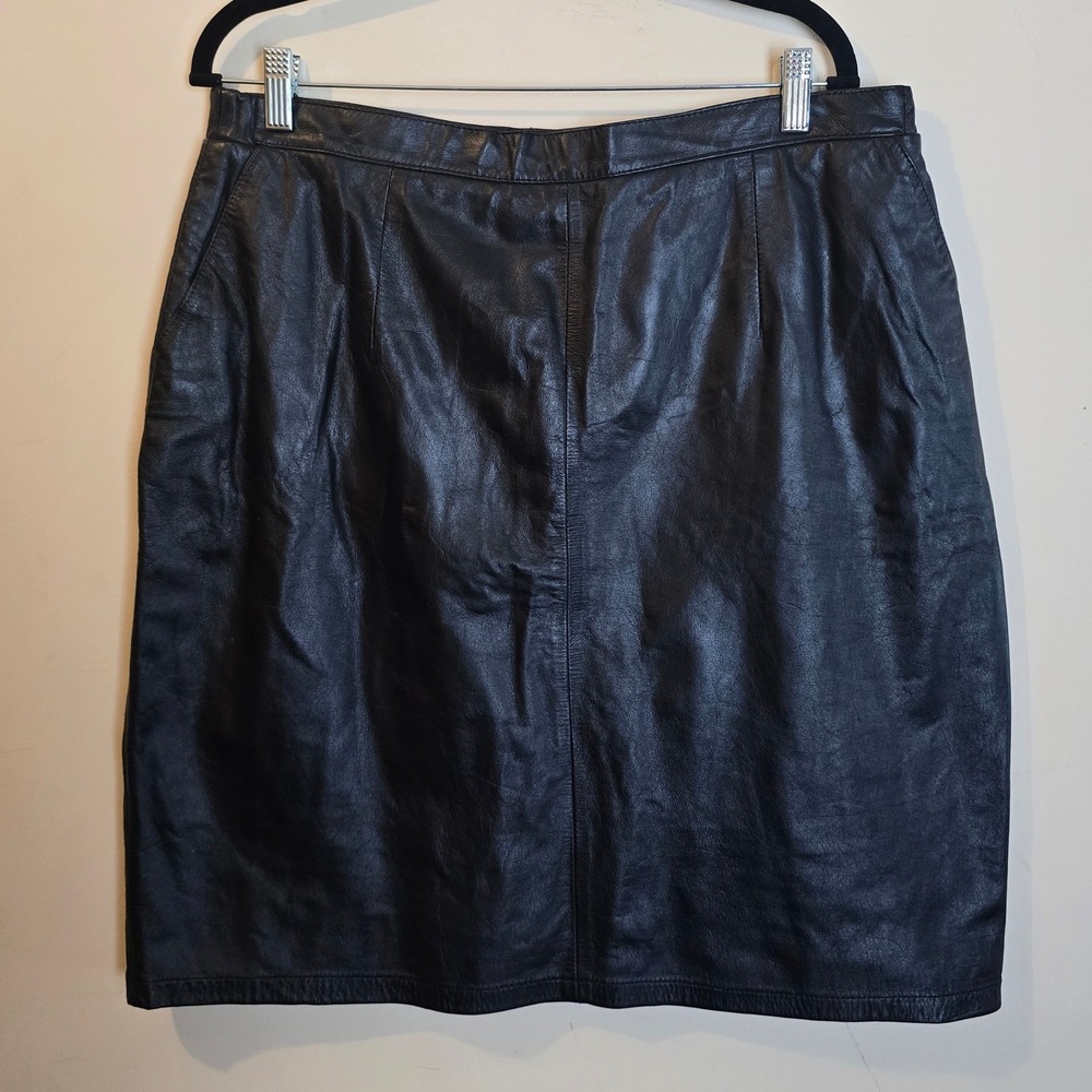 Vintage 90s Jacqueline Ferrar Leather Skirt Womens 20T Black Pencil High Waist